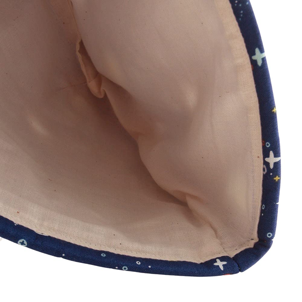 Stylish Scandinavian-style tea cozy with a blue, universe, planet, and garden design. Beige teapot cover. Crafted by artisans Sachiko and Akiko