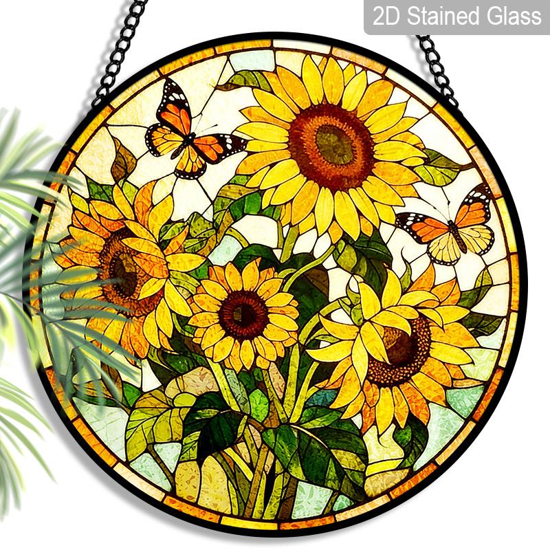 2D Flat Stained Glass Sunflower Window Decoration, 7.87inches Yellow Colored Glass Plate with Chain, Charming Spring Summer Home Decor, Unique