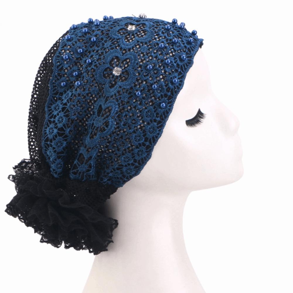 Casual Lace Embroidered Turban Hat Floral Beaded Ready To Wear Muslim Chemo Cap Vintage Lace Pearl Lace Bonnet Female