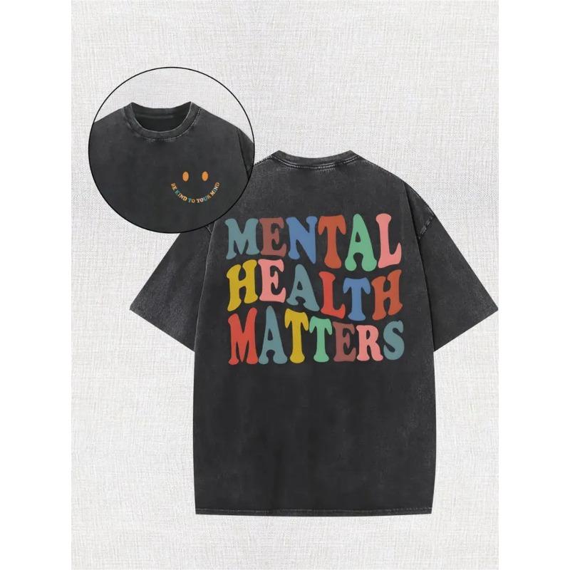 

European size Men S Vintage T-Shirt Distressed Washed Tee With Bold Mental Health Matters Print Casual Soft Breathable Round Wear 5XL чорний