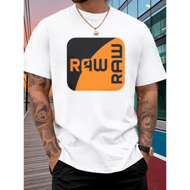 European Size Men's RAW Logo T-Shirt - Urban Streetwear Hip-Hop Tee with Bold RAW Logo Print, Soft Breathable Round Neck Short Sleeve Summer Top