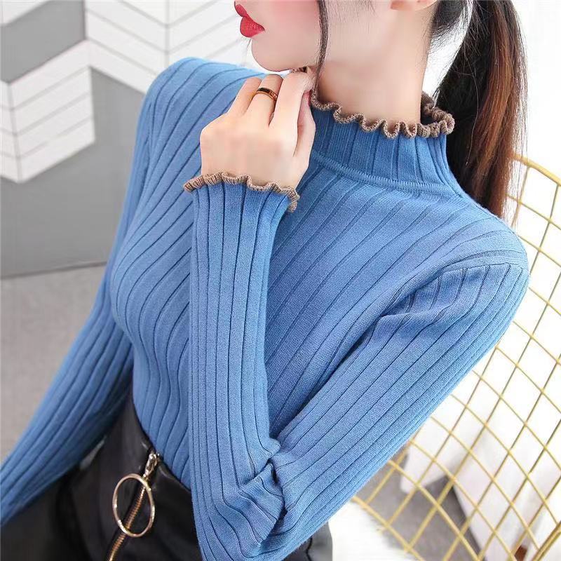 Autumn and Winter New Style Wooden Ear Edge Thickened Half High Collar Sweater Women Pullover Short Slim Knit Bottoming Shirt