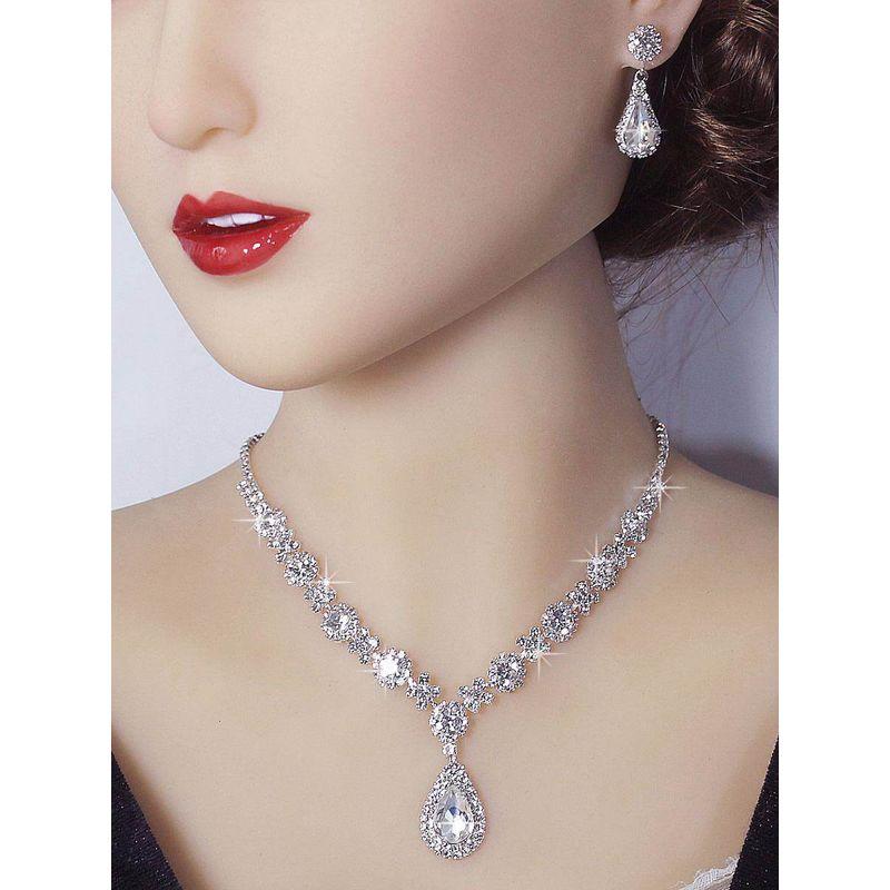 Bridal Jewelry Women's Suit Cross-Border Fashion Crystal Water Drop Necklace Two-Piece Earrings Set Wedding Evening Dress Accessories