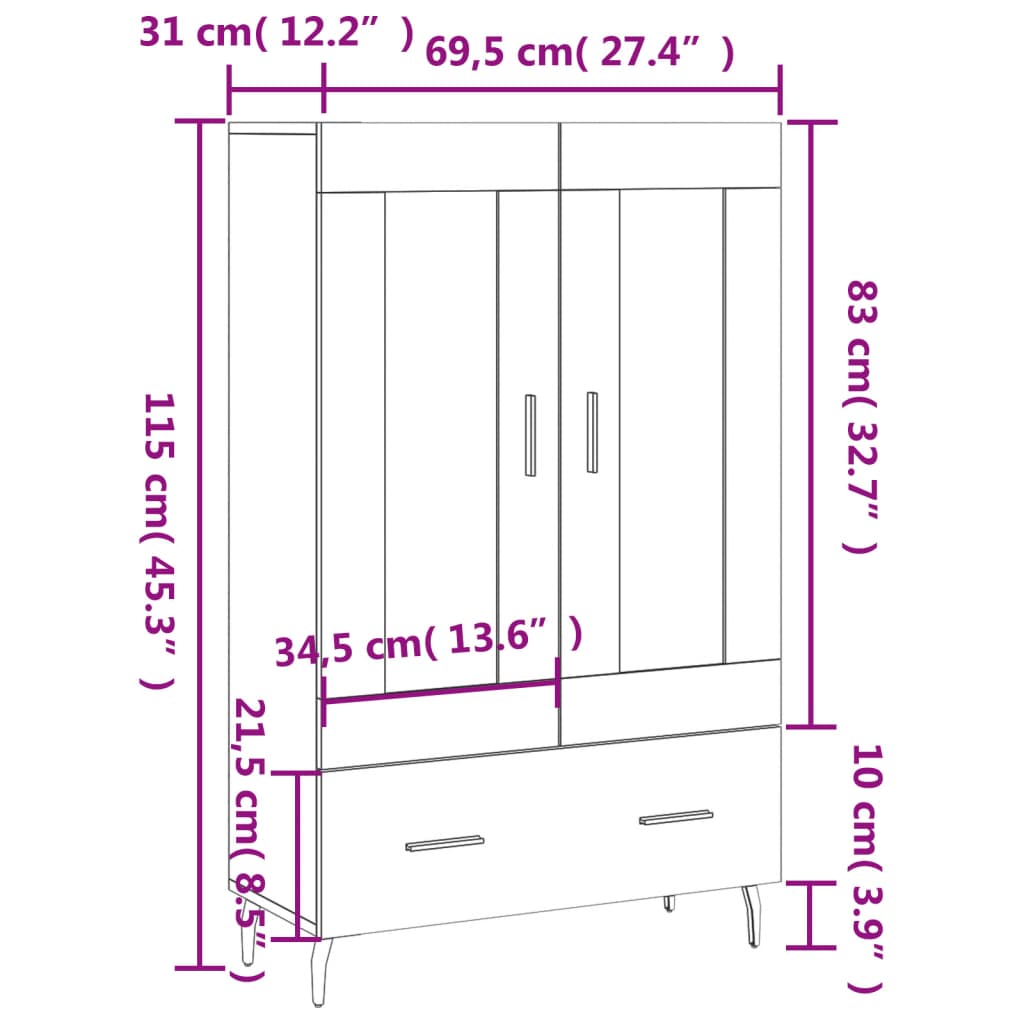 Highboard White 69.5 x 31 x 115 cm Particleboard