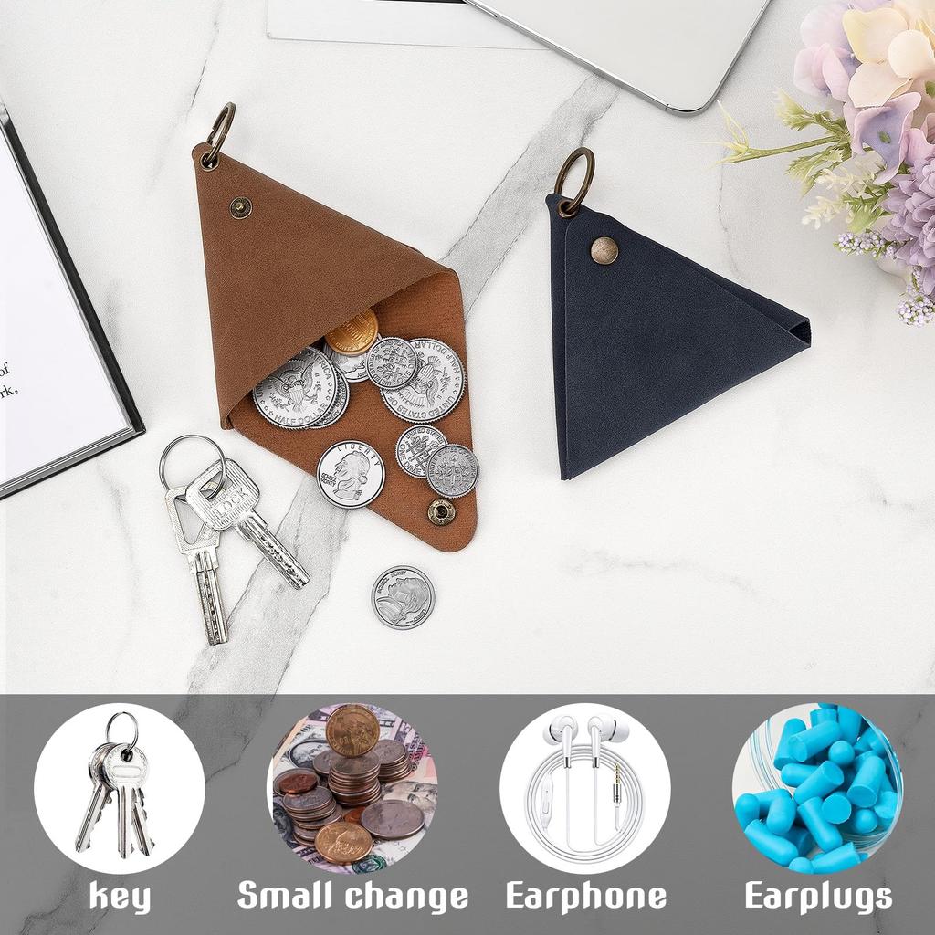 HannaFires 2er-Pack Tragbare Leder-Schlüssel-Organizer-Tasche – Vintage Dreieck-Münzbörse zur kompakten Aufbewahrung von Schlüsseln, Münzen, Kabeln und Kopfhörern,