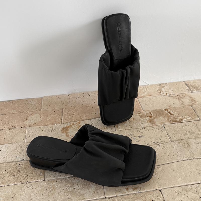 

Wedge heel slippers summer sandals pleated shoes wear French word sense beach ins popular sandals women 39 чёрный