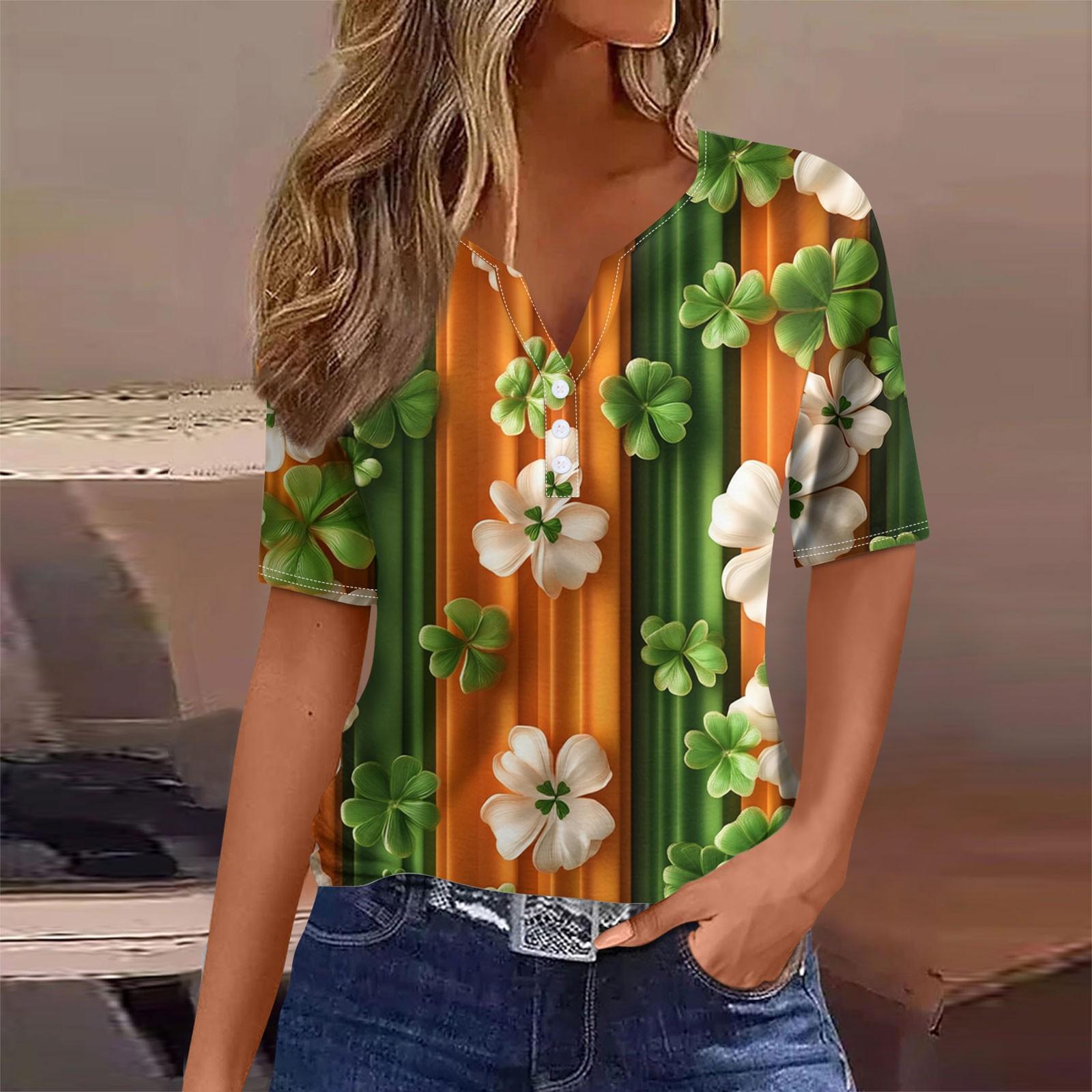 

Женская мода в стиле кэжуал. Топ с короткими рукавами и V-образным вырезом на пуговицах с принтом ко Дню Святого Патрика XL шафрановый