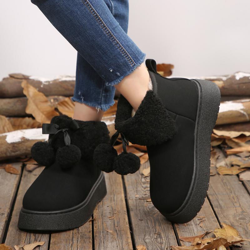 Soft Thick Bottom Furry Snow Boots Women 2025 Winter Chunky Platform Fluffy Fur Ankle Boots Cute Plush Ball Bowknot Cotton Shoes