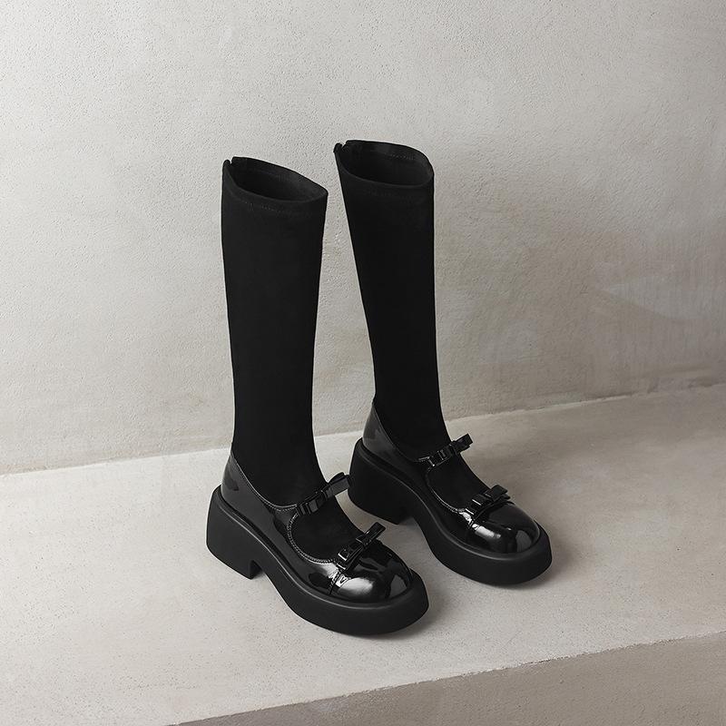 

Two bows, thick-soled heightening, pitch-bright socks, boots, women s thick heels, foot pullover, round head, thin boots. 39