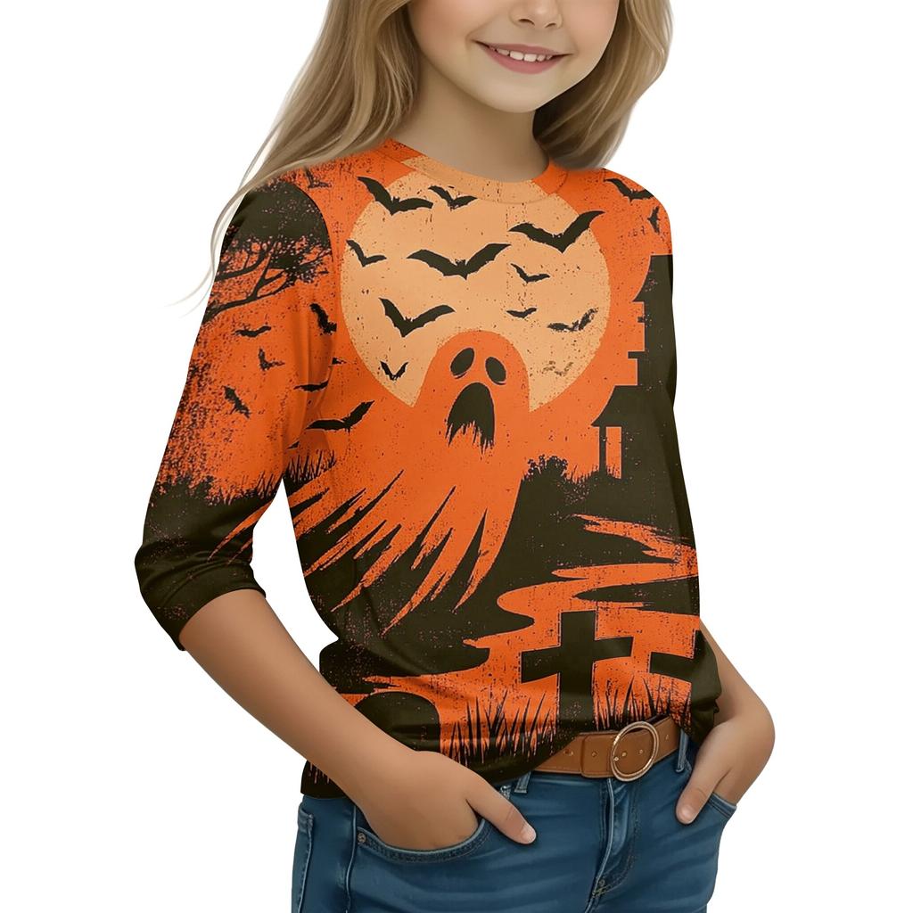 Kids Halloween Three-Quarter Sleeve Round Neck T-Shirt with Pumpkin Witch Print Casual Daily Wear