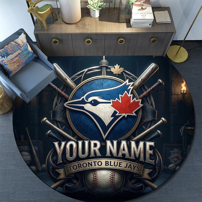 Custom Name Toronto Blue Jays Round Area Rug,Carpet Rug for Living Room Bedroom Sofa Playroom Decor,Non-slip Floor Mat