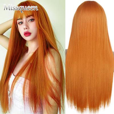 Parrucca sintetica arancione lunga e dritta con frangia, parrucche sintetiche per cosplay, parrucche in fibra resistente al calore per donne