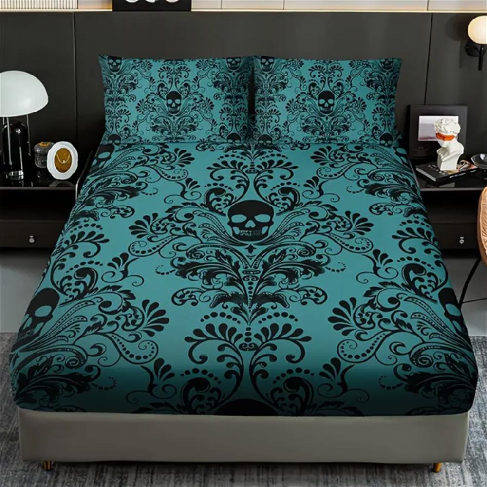 Skull Floral Design 3-Piece Bed Sheet Set - 100% Polyester, Digital Print, Breathable All-Season Fitted Sheet and Pillowcase Set
