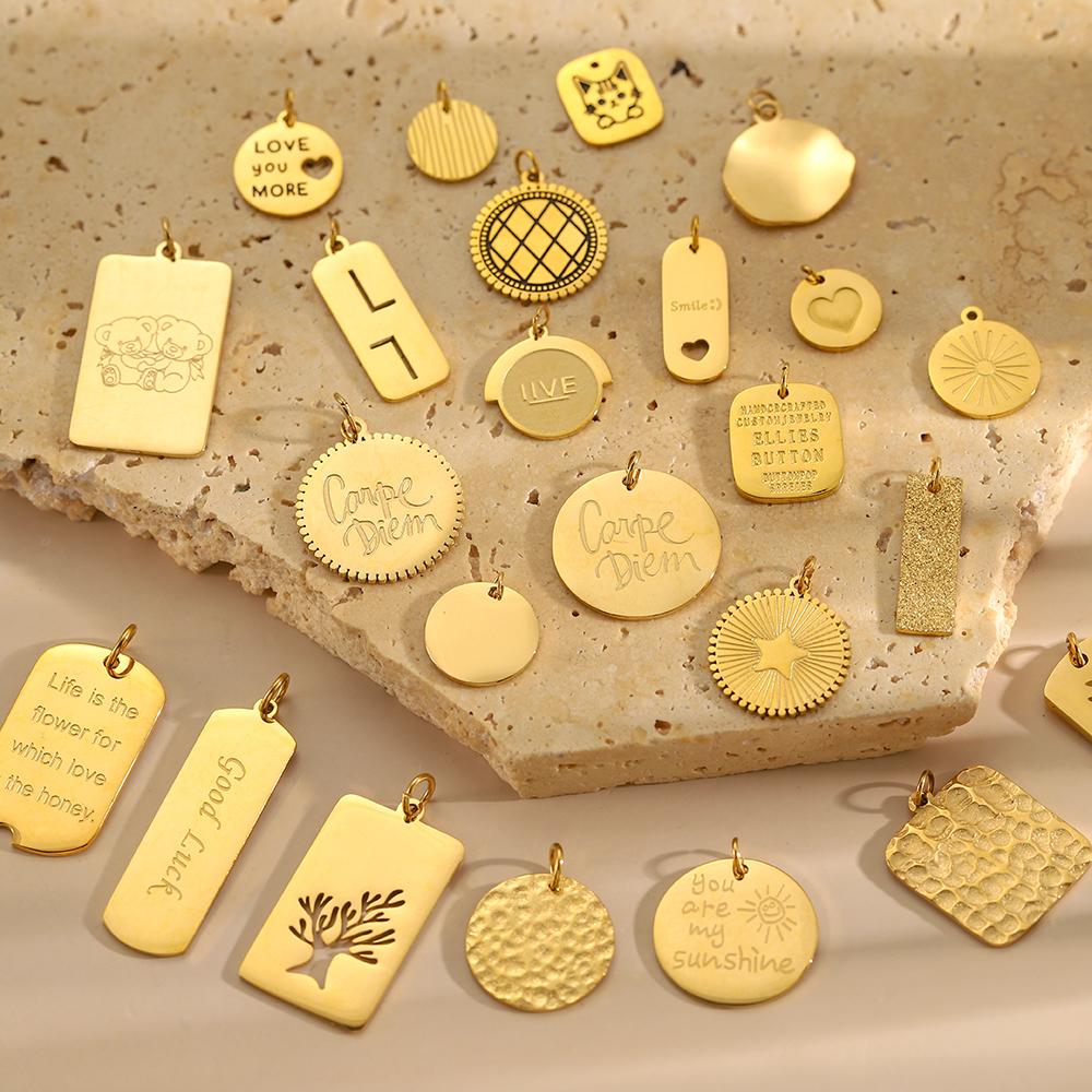 CARLIDANA Gold Plated Jewelry Laser Engraved Logo Tags Pendant Jewellery Oval Stainless Steel DIY Name Round Coin Disc Charm