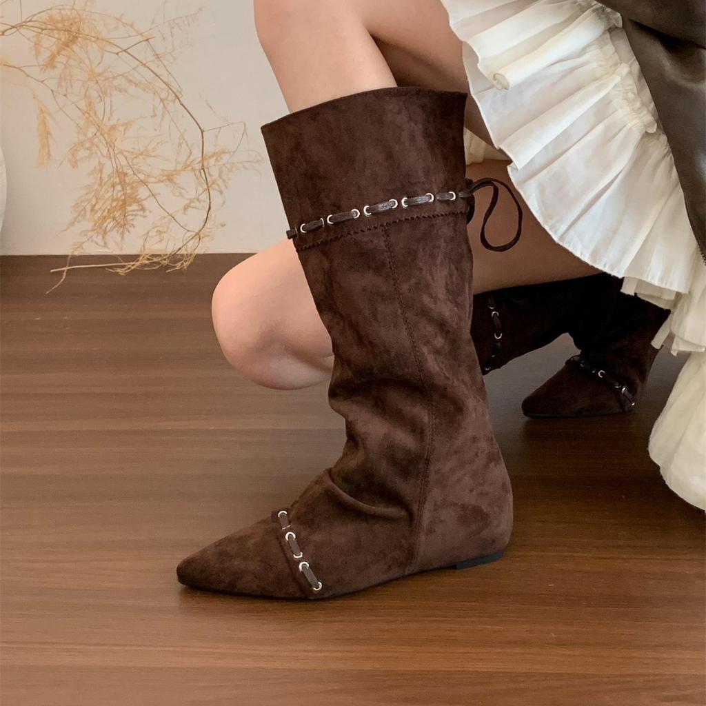 "Wasteland Spice Girls" Inner Heightening Western Cowboy Boots Women's Autumn and Winter Pile Boots Lace-up Skinny Knee Boots
