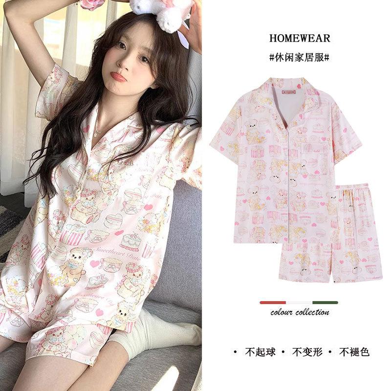 Pajamas Women's Summer Short-sleeved Shorts Cardigan Sweet and Cute Casual Girl Cotton Korean Version Women's Loungewear Suit