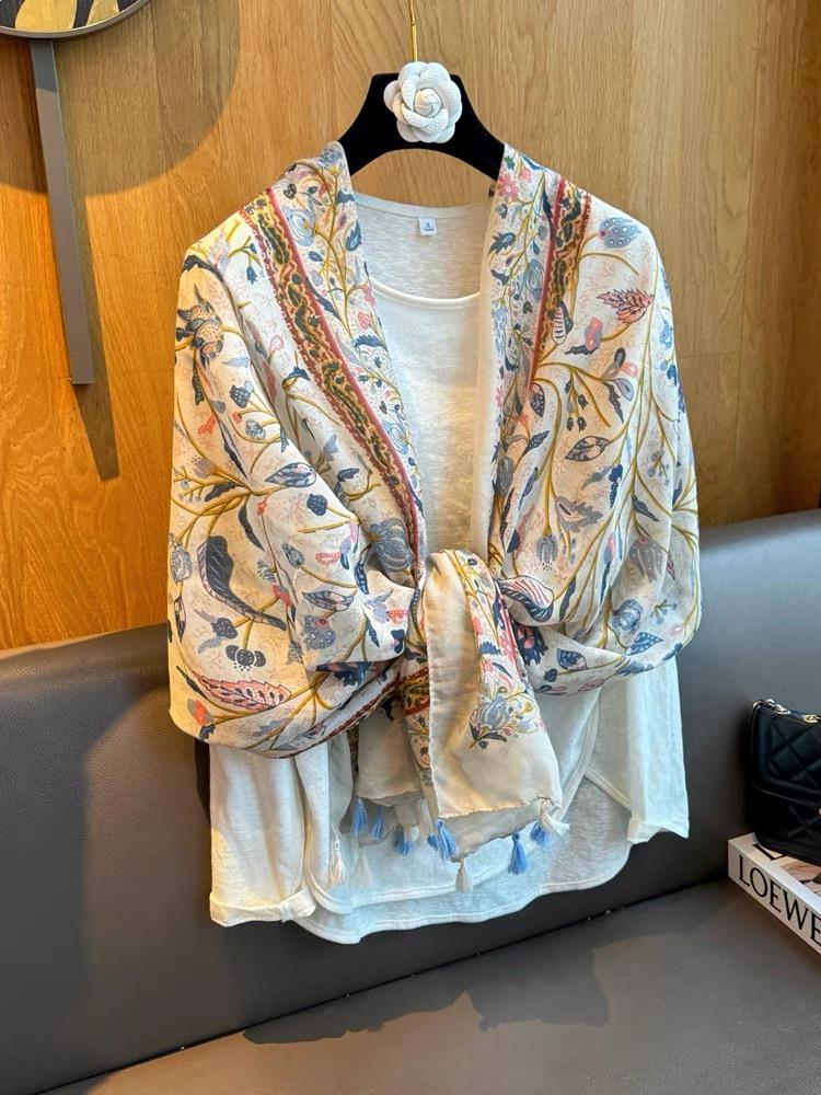 Women'S Floral Print Scarf 180X90Cm Warm Fashion Shawl With Tassels Lightweight Rectangular Sand-Proof Beach Wrap Muslim Hijab