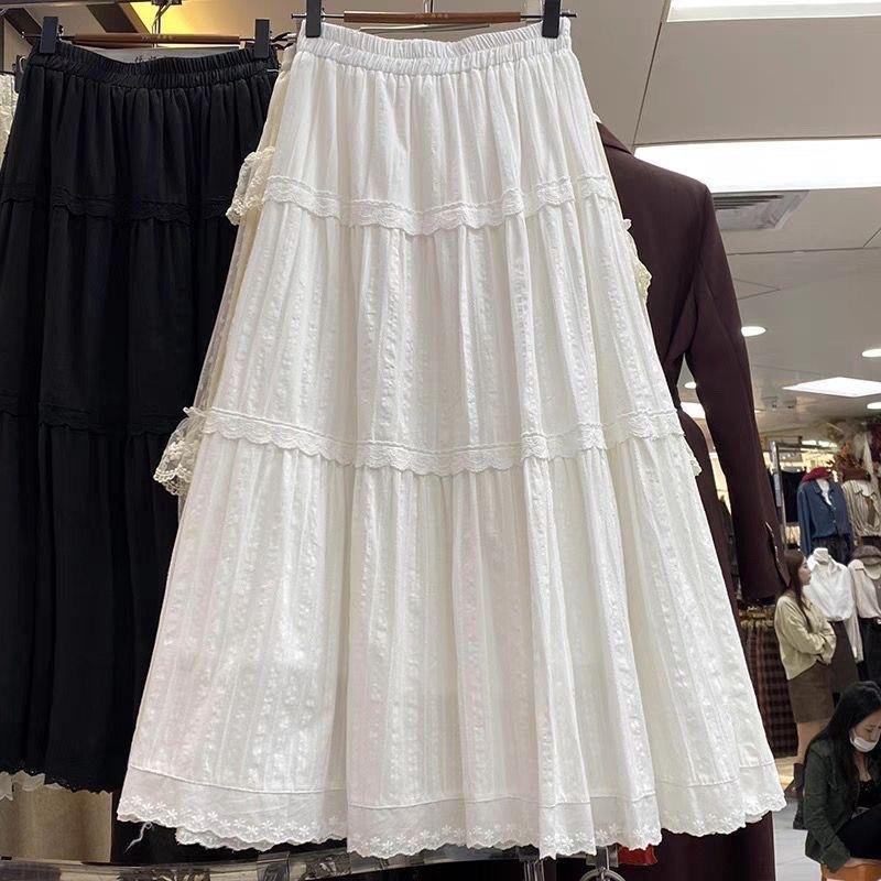 Women Elastic Waist Tiered Eyelet Lace Patch Long Maxi Skirt M белый
