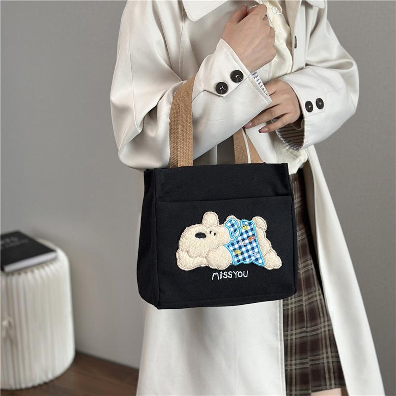 Trendy Canvas Shoulder Bag for Women Large Capacity Cute Bear Print Lunch Tote Handle Bag Comfortable and Texture Storage Bags