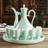 Antique-Style Celadon Ceramic Wine Set: Chinese Decanter, High-Footed Baijiu Cups