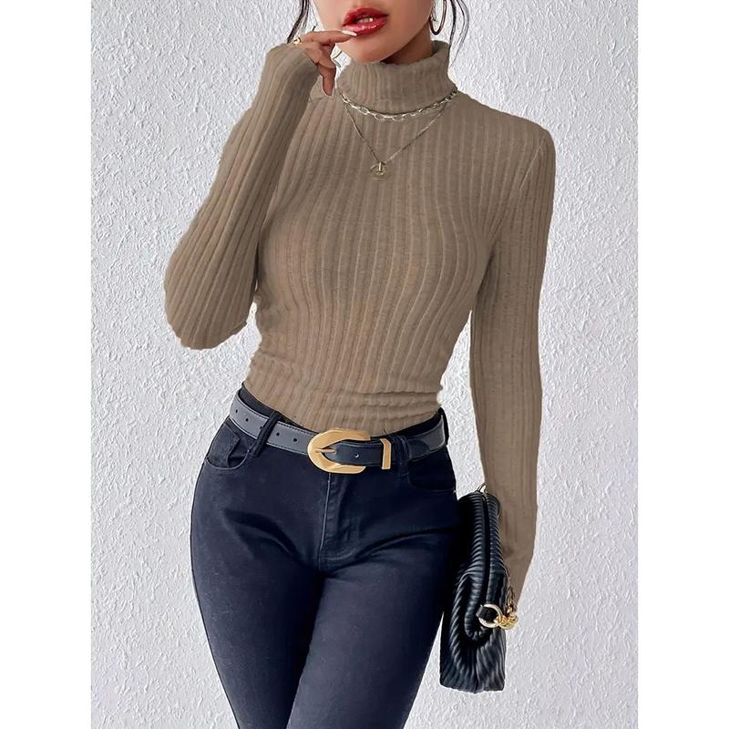 Podzimní a zimní sexy texturované žebrované slim pletené dámské tričko s dlouhým rukávem Nové dámské topy s vysokým výstřihem Ležérní dámské topy