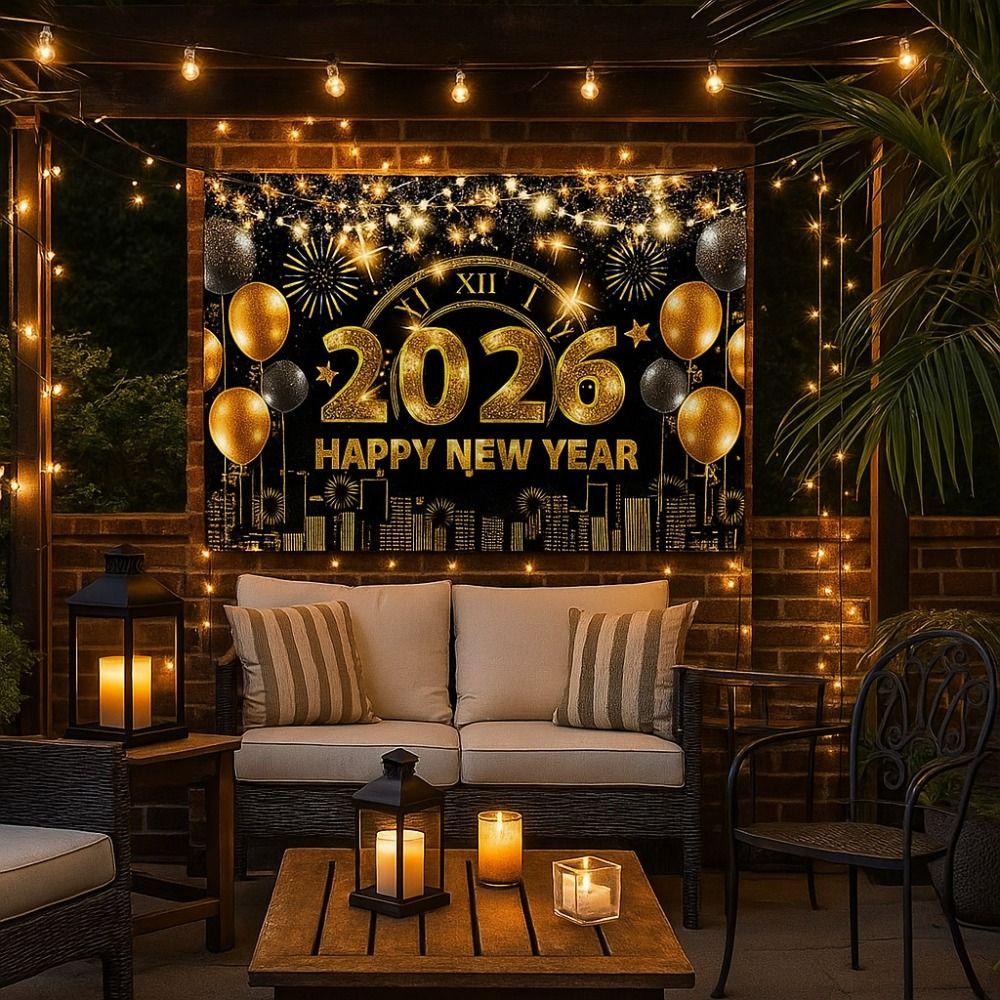 Black Gold 2026 New Year Backdrops Colorful Balloon Celebration Banner  Indoor Wall