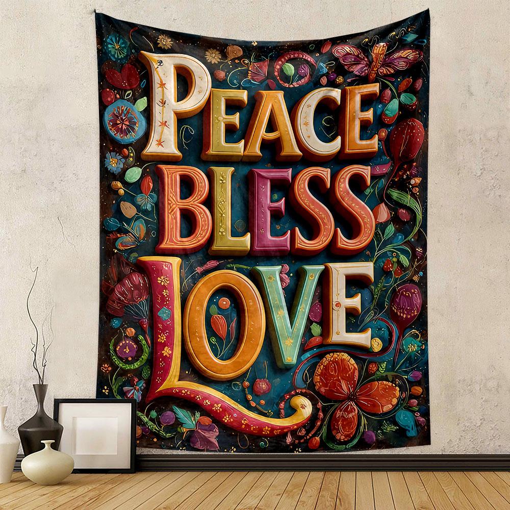 Peace Bless Love Floral Design Patterned Tapestry Home Decor, Suitable for Bedroom and Living Room, Gift