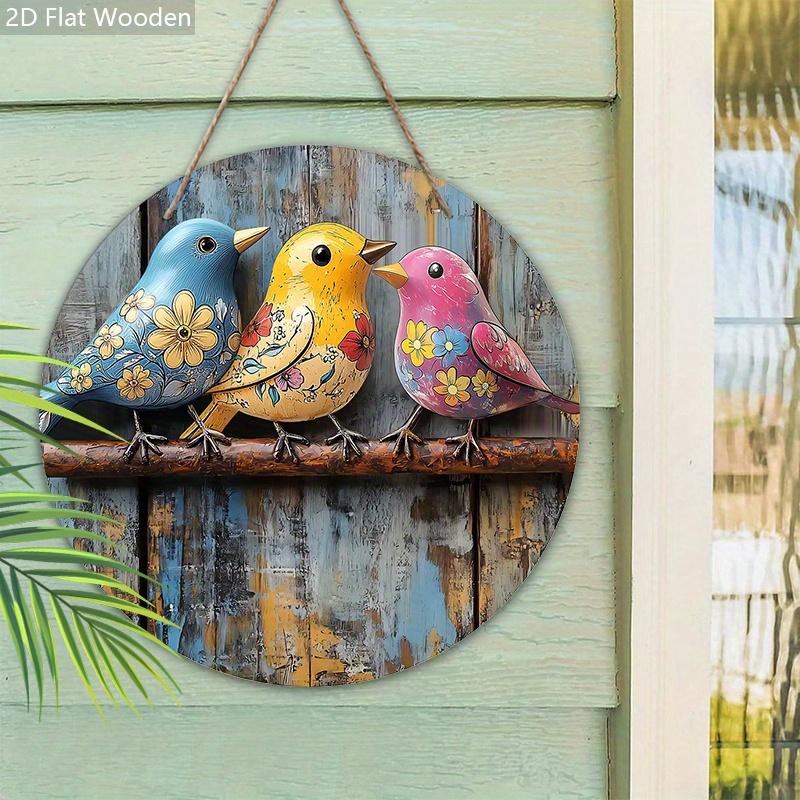 Rustic Colorful Birds Wooden Signs - Retro Circular Decorative Plaque - Ideal Hanging Ornament for Home Wall Club Cafe - Perfect for Room Decor