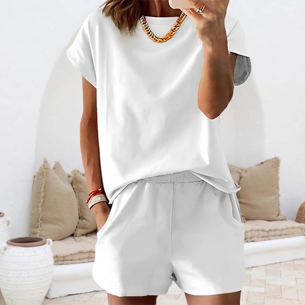 Completo Estivo da Donna a Maniche Corte con Tasche, Girocollo, Vestibilità Rilassata, Due Pezzi per l'Uso Quotidiano