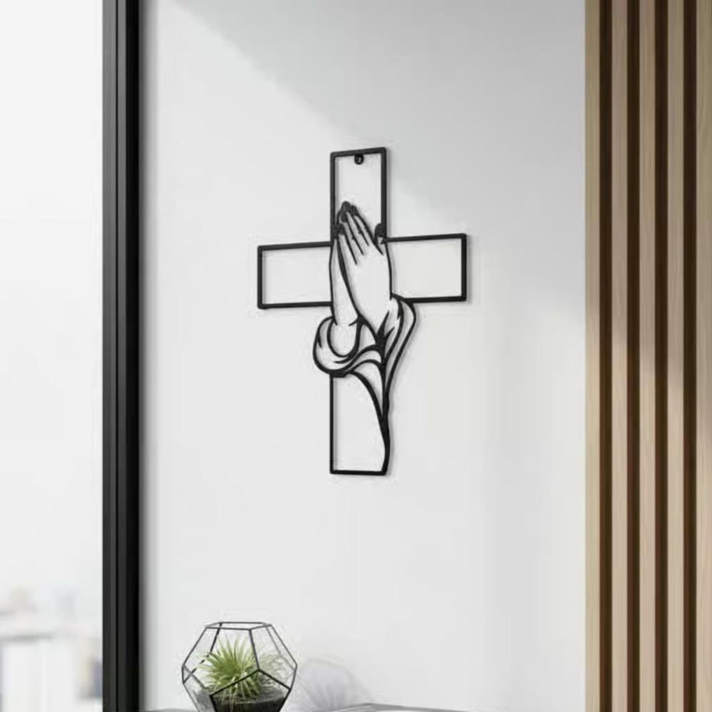 Praying Hands Cross Open Frame Metal Belief Wall Hanging Minimalist Prayer