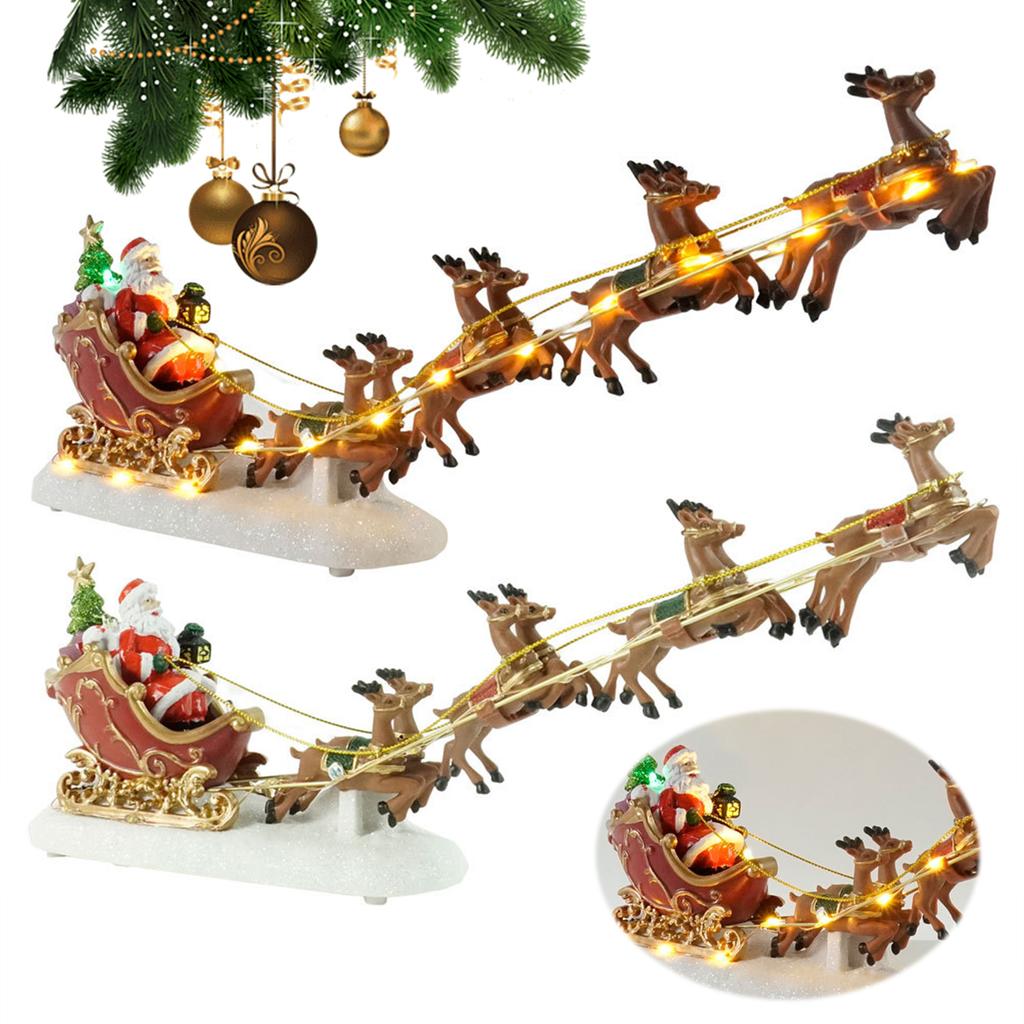 Santa Sleigh and Reindeer with LED Lights Santa Sleigh Ornament Holiday Ornament Xmas Home Tabletop Decoration Gift