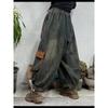 Retro Pocket Harlan Denim Lantern Pants Loose Nine Points Elastic Waist Loose Fit Women's High Waist Jeans Lantern Trousers