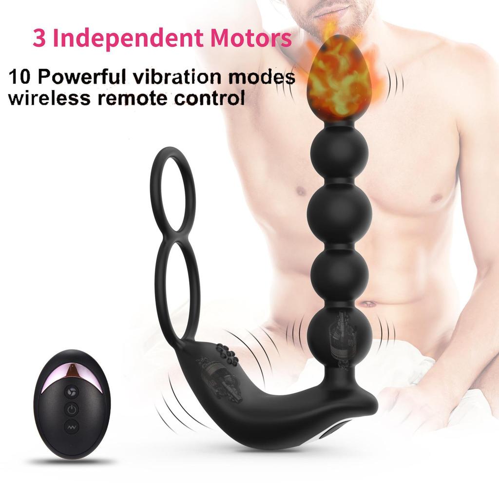 Anal Plug with Ring and Bead Rechargeable Vibrator Waterproof Prostate Massager, Ejaculation Enhancement Erection Longer, 3 Powerful Motors