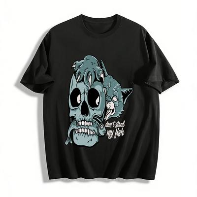Don't Steal My Fish Skull Cat Print Casual Streetwear T-Shirt Pure Cotton T-shirt