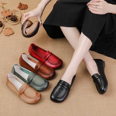 Flat-soled Beef Tendon Sole New Loafers Korean Casual Simple Genuine Leather Women's Singles Shoes Comfortable Mother's Shoes