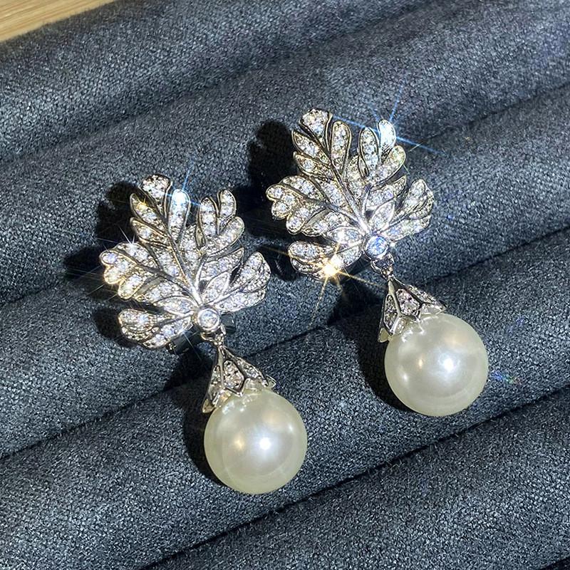 925 Sterling Silver Leaf Pendant Earrings for Women Female Engagement Jewelry Brilliant Zirconia Pearl Wedding Accessories