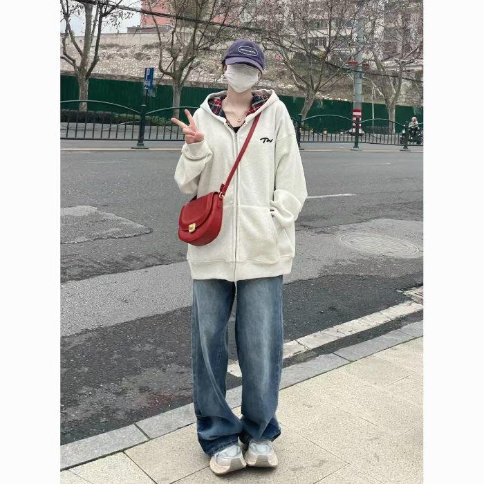 Petite Retro Plaid Hooded Sweatshirt Jacket for Women - Lightweight Spring Top 2X Large