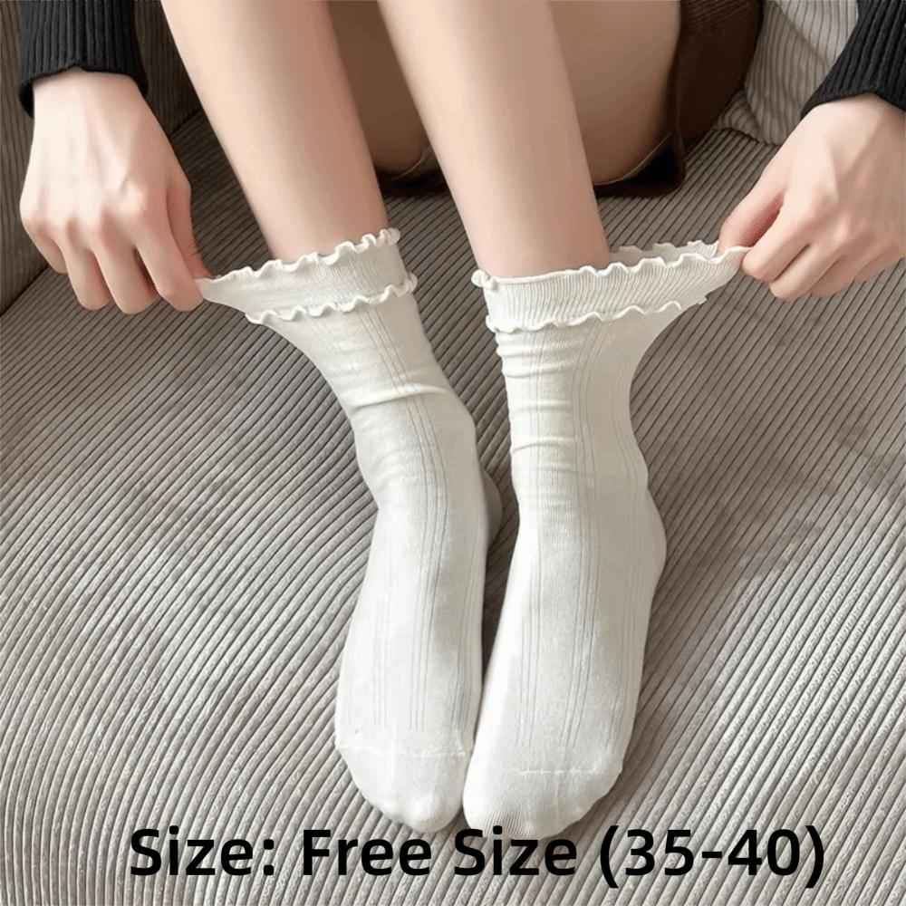 1 Pair Solid Color Ruffle Socks Vertical Stripes Korean Style Socks Comfy Frilly Socks  Daily Wear