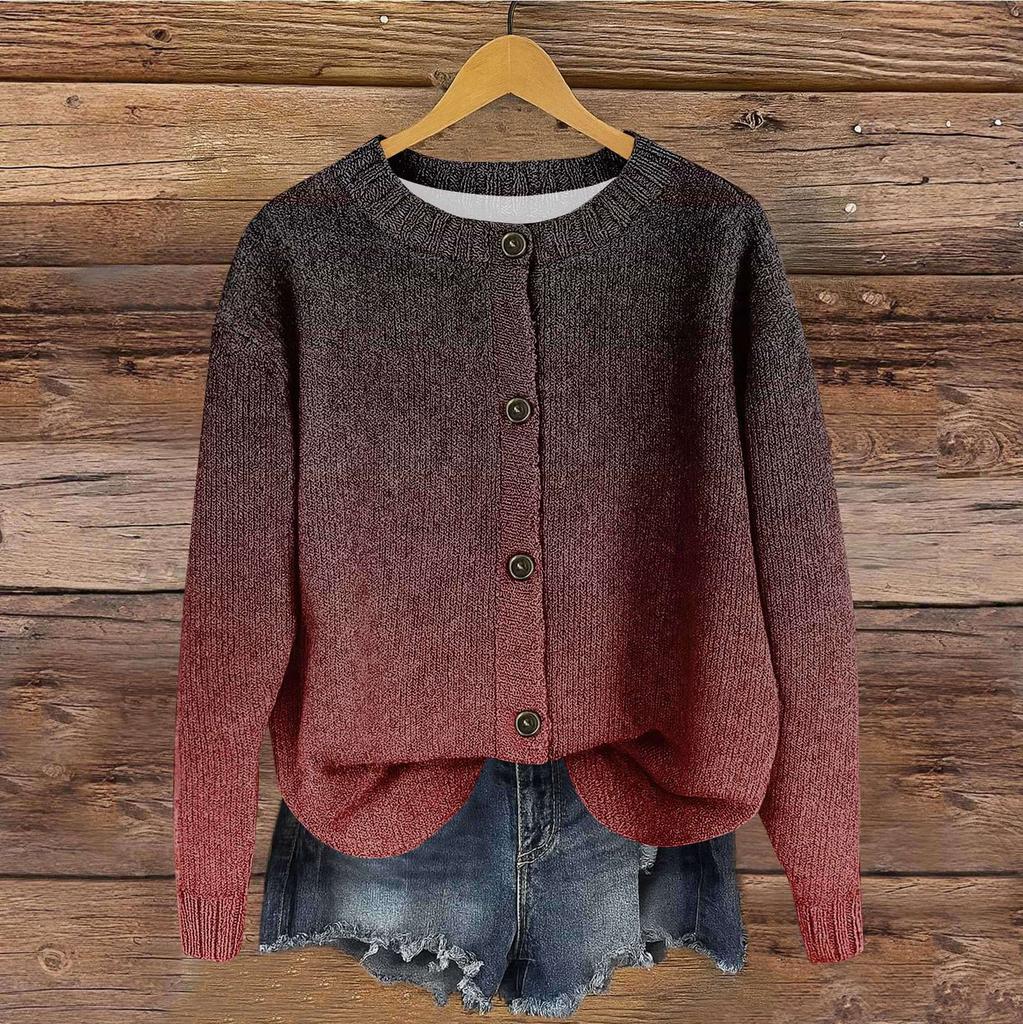 Women's Vintage Knit Button Gradient Print Cardigan Jacket