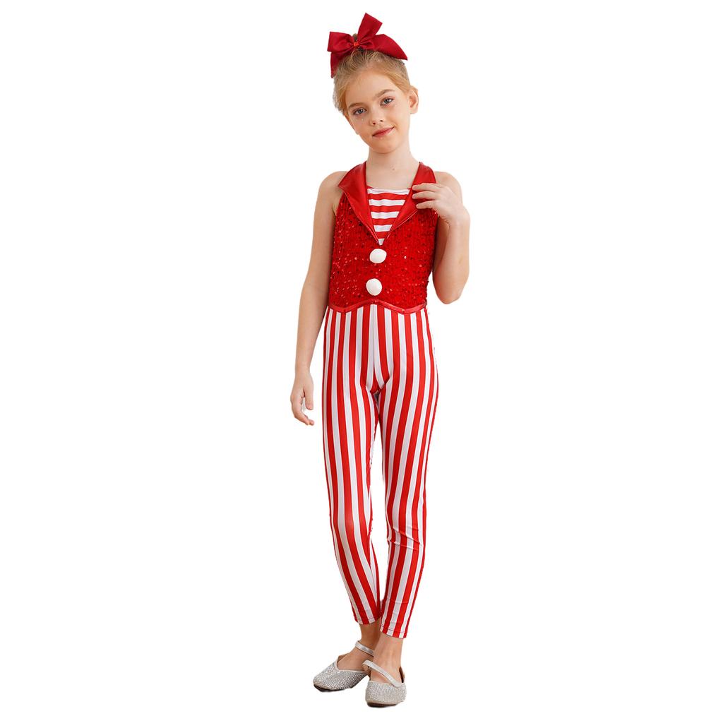 Mädchen Weihnachten Zuckerstange Kostüm Ärmellos Streifen Pailletten Body Tanz Gymnastik Jumpsuit