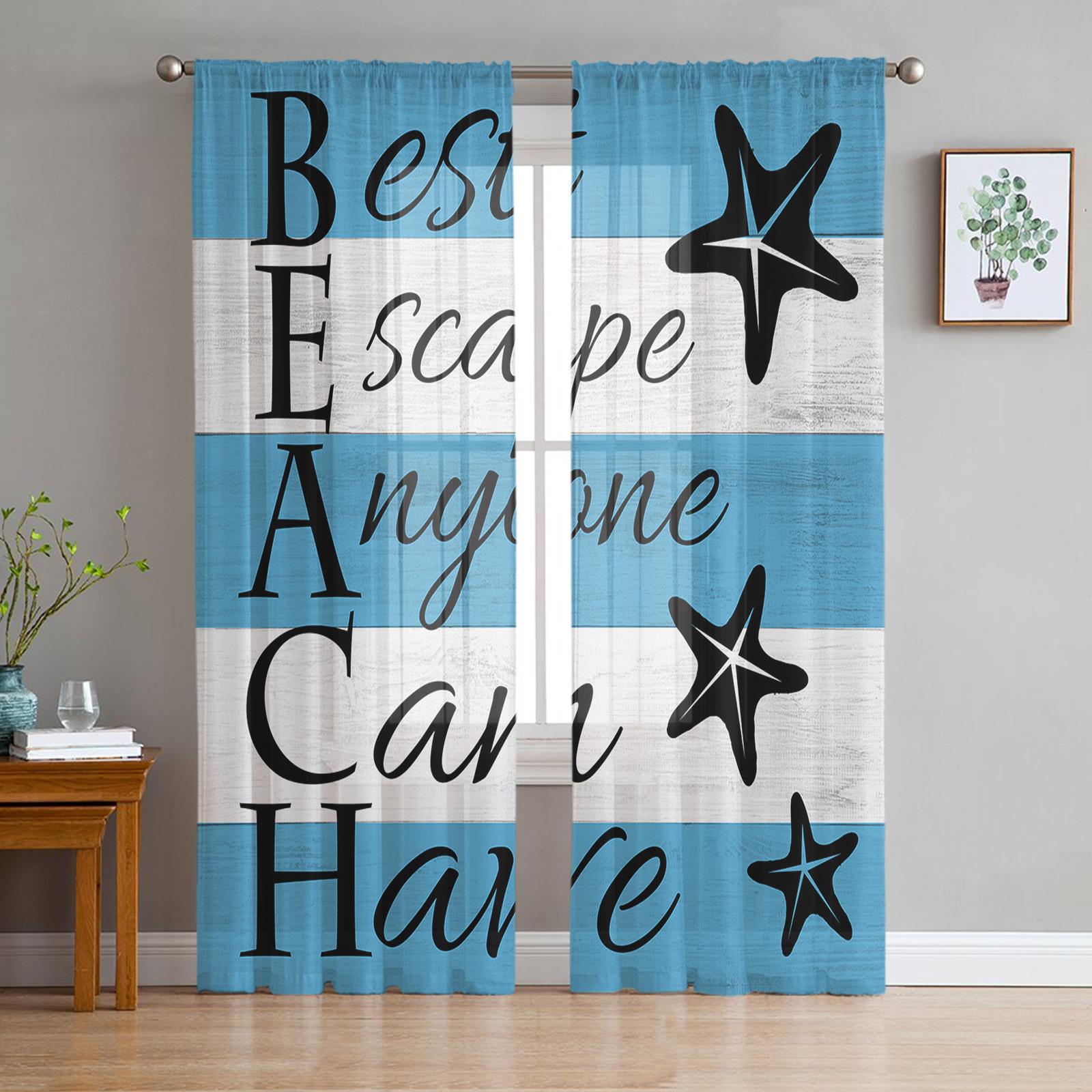 

Пляж Океан Дерево Текстура Морская Звезда Ракушка Тюлевая Занавеска Вуаль Прозрачная для Спальни Гостиной Кухни Легкие Оконные Занавески W135 x H114cm