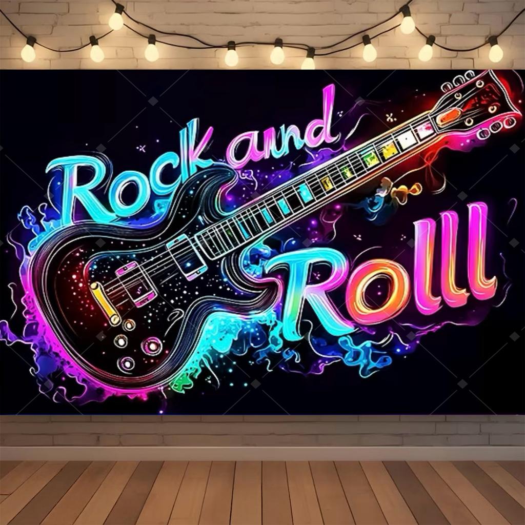 Retro rock and roll music decor with guitar, drums, neon musical notes for rock party, birthday, music festival, backdrop496
