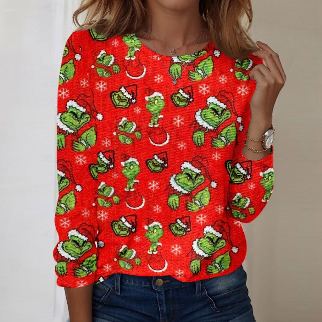 Damenmode, lässig, langärmelig, bedruckt, Rundhalsausschnitt, Pullover, Top, Bluse