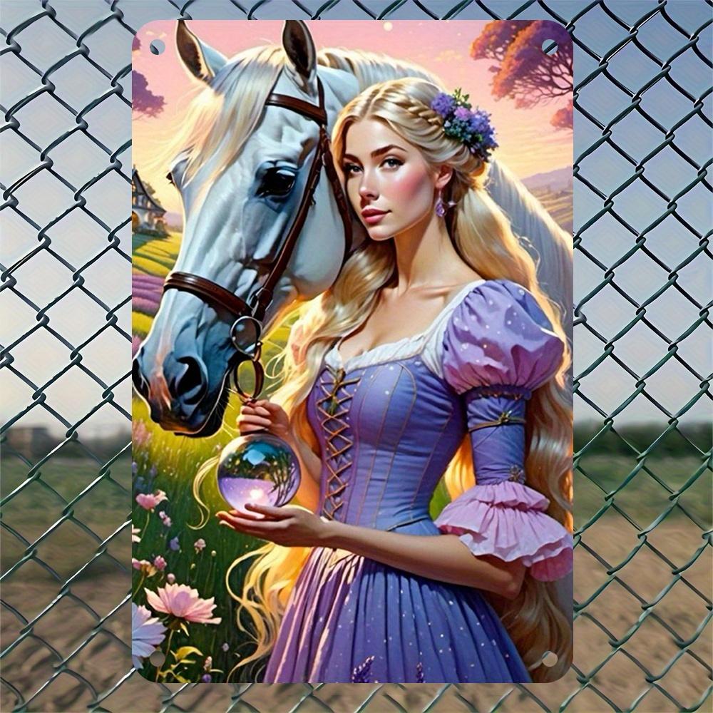 1pc Enchanted Forest Scene Metal Tin Sign 8x12 Inch - Vintage Wall Art with Princess, White Horse & Magical Orb, Perfect for Hom