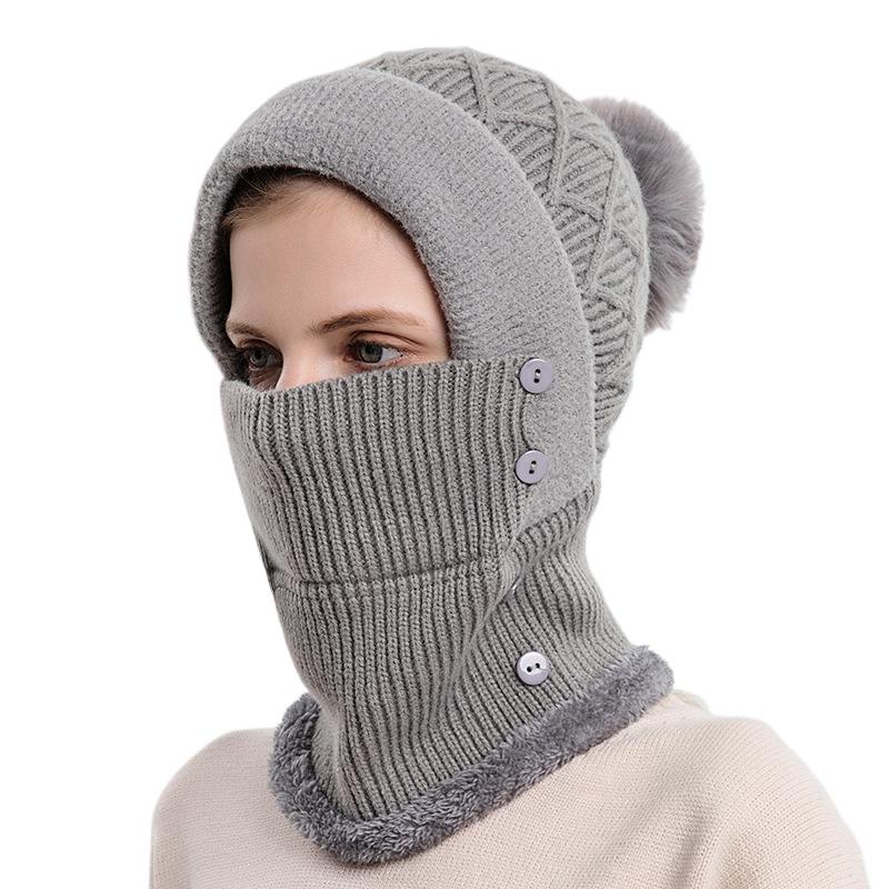 Hat and scarf integrated women's autumn and winter warm knitted hat cycling fleece pullover hat windproof ear protection wool hat