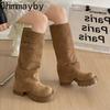 Neues Design Gürtelschnalle Quadratische Absätze Frau Ritter Hohe Stiefel Streetstyle Partykleid Lange Stiefeletten Herbst Winter Damenschuhe