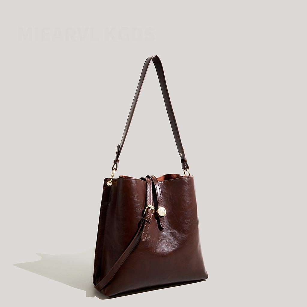 PU Leather Women Single Shoulder Bag Solid Large Capacity Office Ladies Bucket Bag Korean Vintage Classic Female Handbag