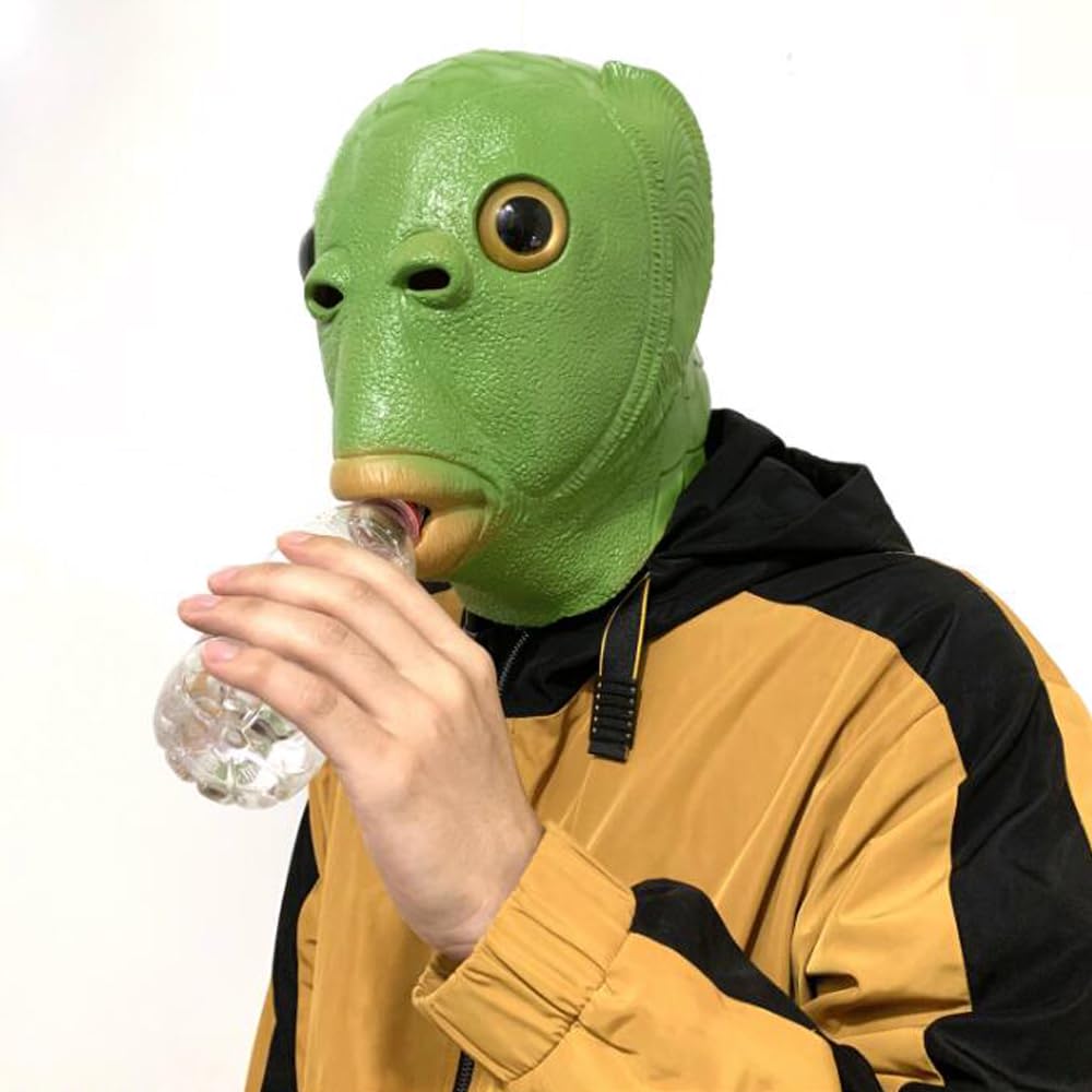 [YFFSFDC] Green Fish Head Mask, Fishman Mask, Funny Animal Mask, Rubber Mask, Halloween Cosplay, Green Head Monster Costume Prop (A)