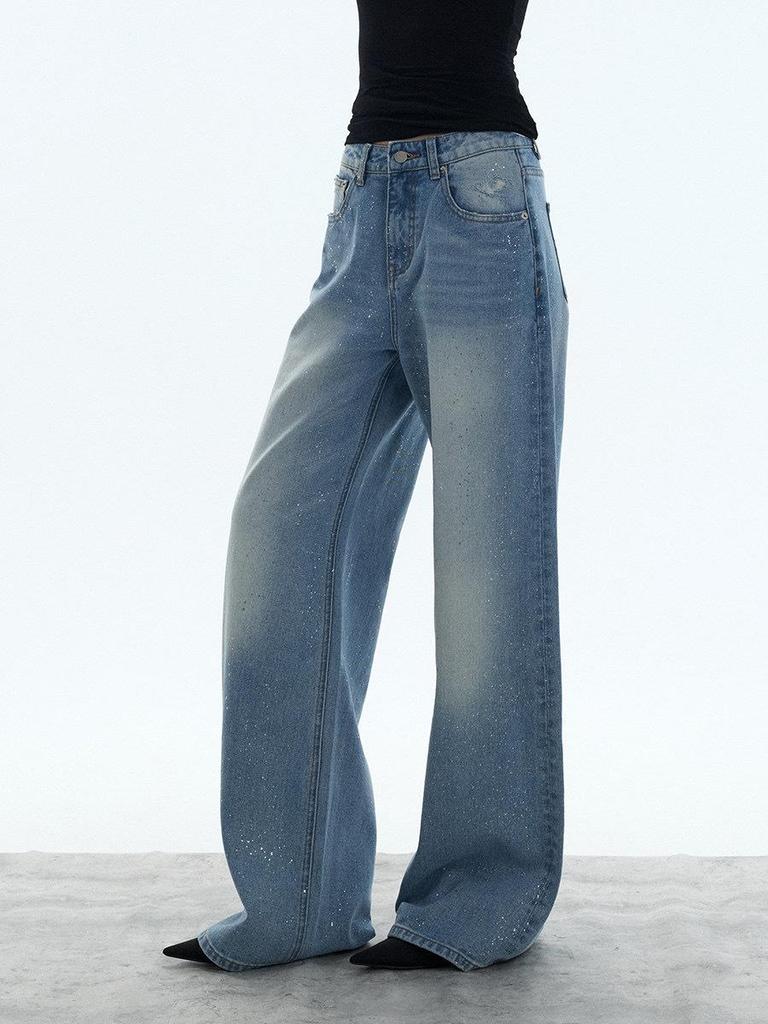 Starry Sky Shiny Wide-Leg Slimming High-Waisted Denim Pants for Women - Flaw-Concealing, Leg-Lengthening Straight Fit
