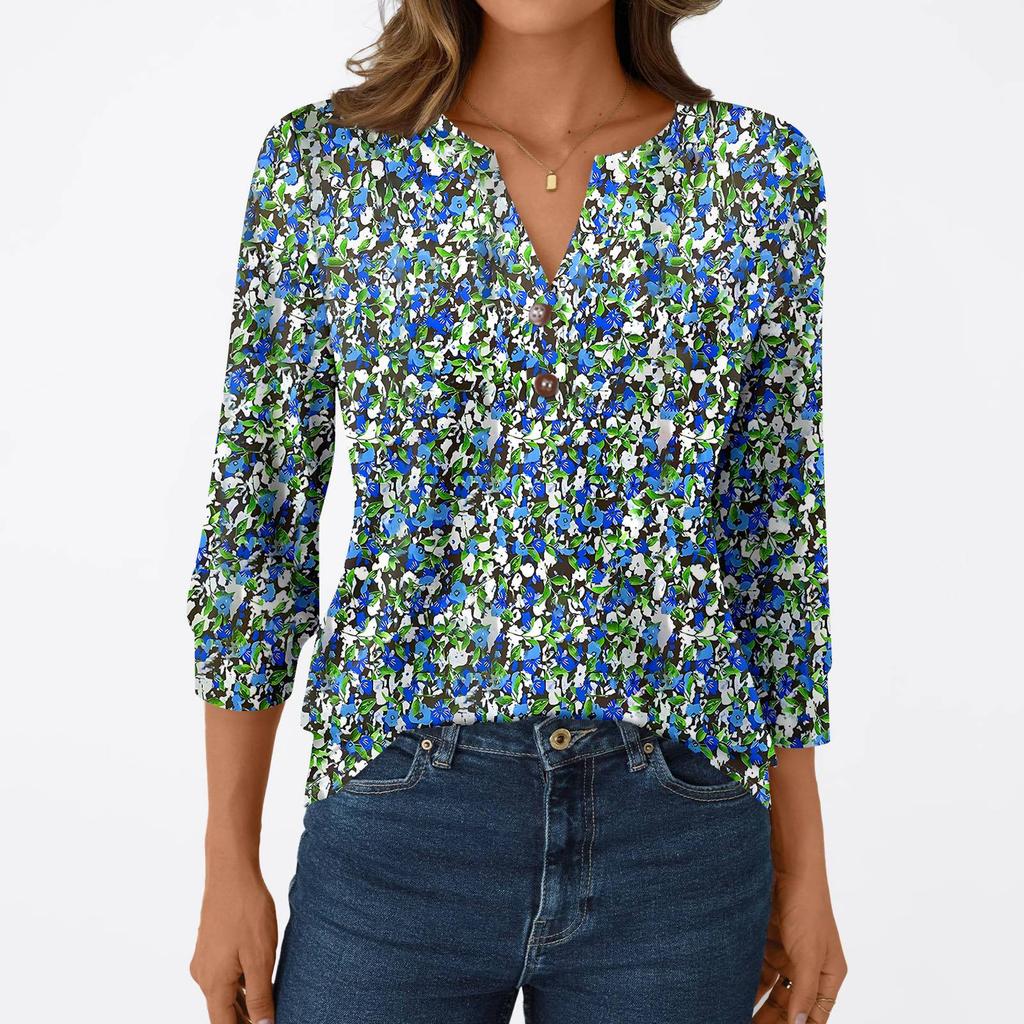 Women's Fashion Casual 3/4 Sleeve T-Shirt Prints V-Neck Button Top